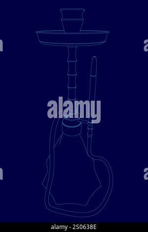 Blue drawing of a hookah with a blue background. The pipe is lit up and has a blue light on top Stock Vector