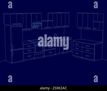 Kitchen with blue cabinets and a blue countertop. The kitchen is empty and has a modern design Stock Vector