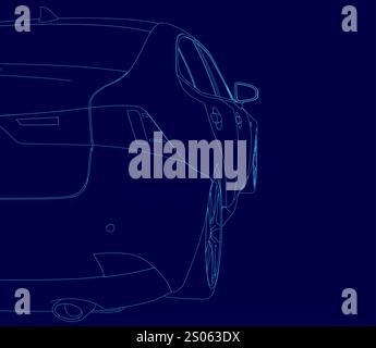 Blue car is shown in a stylized way, with the back end of the car being the focus. The car is sleek and modern, with a sense of speed and power Stock Vector