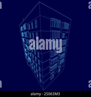 Blue building with windows and a blue background. The building is a cube and is shown from the side Stock Vector