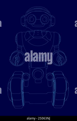 Robot is shown in blue with a head and eyes. The robot is designed to look like a human, with a head and arms. The robot is standing on a platform wit Stock Vector
