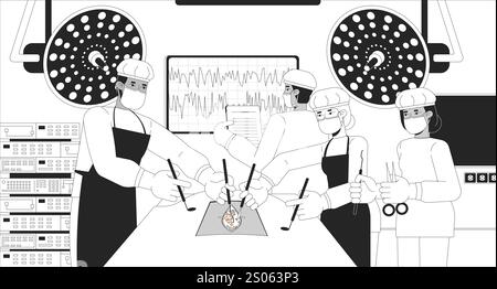 Multicultural doctors performing surgery black and white line illustration Stock Vector