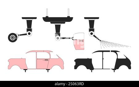 Automotive parts manufacturing black and white 2D line objects set Stock Vector