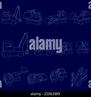 Series of blue drawings of construction vehicles. Scene is industrial and mechanical. The vehicles are all different sizes and shapes, but they all ha Stock Vector