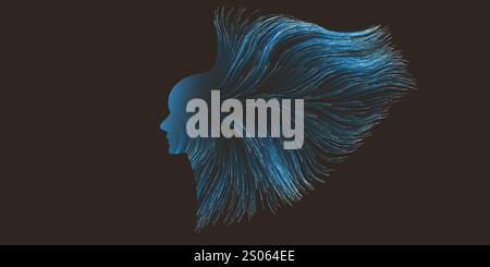 Dark Futuristic Artificial Technology Concept with Flow of Glowing Neural Connections Forming a Golden Human Face Profile, Dynamic 3D Smart Tech Desig Stock Vector