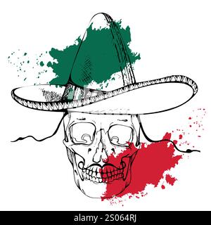 Cinco de Mayo human skull, sombrero hat, moustache. Mexican holiday Day of the Dead symbol, red white green flag. Hand drawn ink vector isolated Stock Vector