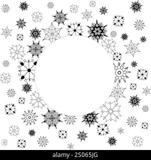 Happy New Year circle round frame with snowflakes. Vector graphic line Merry Christmas card on white transparent background. Greeting festive vector i Stock Vector