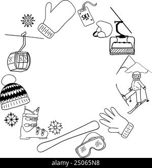 Graphic line vector hand drawn set of Winter Sports objects, symbols and items. Round circle frame template composition Stock Vector