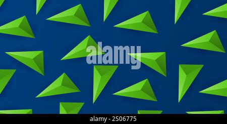 Lots of Green Triangle and Diamond 3D Shapes Texture - Geometric Mosaic Pattern on Dark Blue Background, Vector Design Template Stock Vector