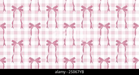 Ribbon bow seamless pattern with cute pink vintage gingham ornament. Vector illustration with trendy decorative girly elements. Flirtatious vichy Stock Vector