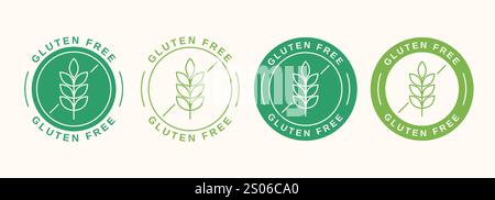 Set of gluten free labels in flat and linear style. Gluten free symbol with wheat grains. Vector illustration Stock Vector