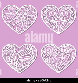 Set of openwork hearts. Template for laser cutting from paper, wood, cardboard, metal, etc. For the design of valentines, wedding cards, stickers, int Stock Vector