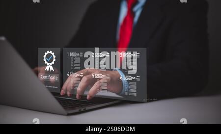 Certificate, Questionnaire, Assessment digital online. Online survey exam, Choosing the right answer in the exam, Filling out an online survey form, B Stock Photo