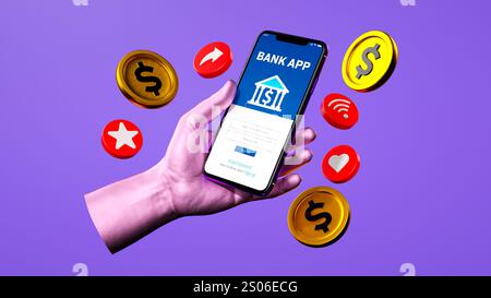 A hand holds a smartphone with a 'Bank App' login screen, surrounded by icons like dollar coins, a heart, and Wi-Fi, symbolizing mobile banking, finte Stock Photo