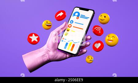 Hand holding smartphone, social media app interface, colorful emoji icons, purple background, 3D render, mobile tech concept, engagement metrics, like Stock Photo