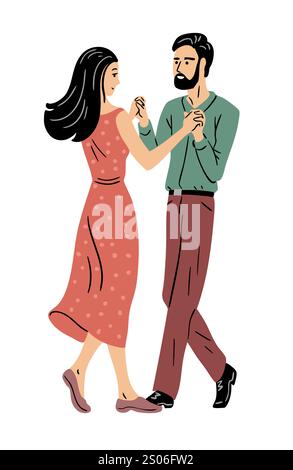 Young beautiful couple dancing. A man and a girl in a red dress in a pair retro dance. Disco, party and ball. Holiday and entertainment. Happy love. F Stock Vector