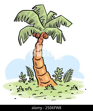 Tropical palm. Exotic summer tree. Vector art illustration isolated on white background. Hand drawn outline Stock Vector