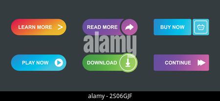 Set of button for website design on dark grey background. Different colors of elements and gradient. Web icons. Vector Stock Vector
