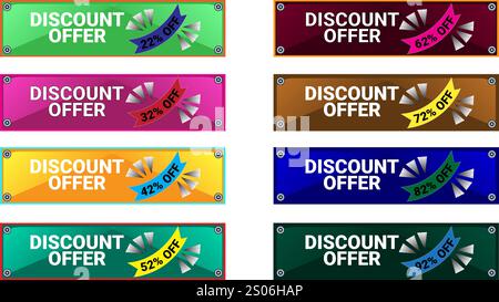 Set of Eight sale rectangular banners with 22 32 42 52 62 72 82 and 92 percent off with different colors Stock Vector