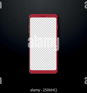 Realistic red smartphone on black background. 3D mobile phone mockup with transparent screen. Vector Stock Vector