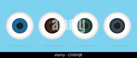 Colored eye iris set on blue background. Realistic 3d human eyeball. Eye balls vector illustration Stock Vector