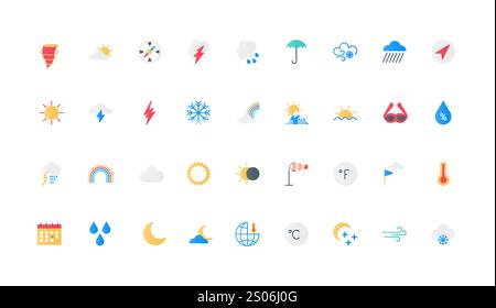 Weather forecast and meteorology, climate, rain and snow, Celsius and Fahrenheit temperature color icon set. Rainbow and wind, cloud with drops and storm, seasons flat elements vector illustration Stock Vector