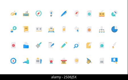 Creative content creation, storytelling, tools of author to write text of article and blog post, publication in social media color icon set. Pen and pencil, document flat elements vector illustration Stock Vector