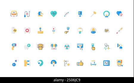 Medical devices and hospital equipment for health control, diagnosis, radiology color icon set. Blood sugar level meter, tomography and MRI machine, ultrasound scan flat elements vector illustration Stock Vector