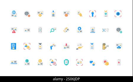 Personal documents, ID card and passport to check citizens identity color icon set. Biometric access, membership certificate, badge on lanyard, digital identification flat elements vector illustration Stock Vector