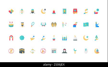 Islam religion, holidays and mosque, religious elements for prayer color icon set. Muslim man and woman, crescent moon and lantern, carpet for holy Quran reading flat elements vector illustration Stock Vector