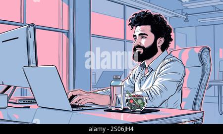 Business man sitting at desk with laptop. Stock Vector