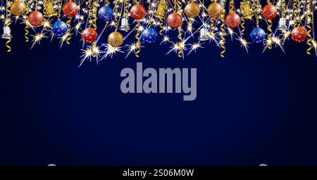 Rectangular banner with Bengal lights, sparkler, New Year's Christmas balls, Christmas bells. Vector illustration on dark blue background Stock Vector