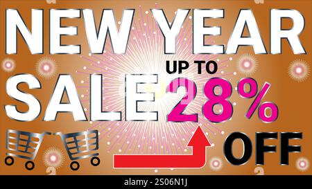 New year sale up to 28 percent off banner with Light Brown and white radial background and sunburst starburst celebration theme Stock Vector