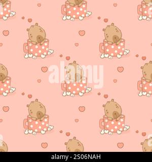 Seamless romantic pattern. Cute enamored capybara in polka dot cup with marshmallows on pink background with hearts. Vector illustration. Ornament tem Stock Vector
