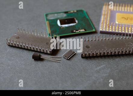 Semiconductor electronic components. Integrated circuits, microprocessors. Selected focus. Stock Photo
