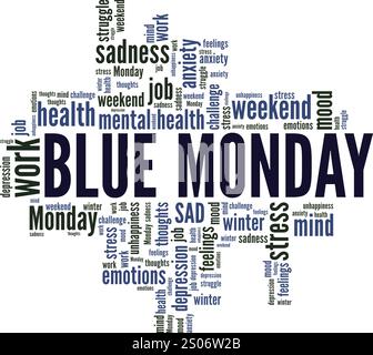 Blue Monday word cloud conceptual design isolated on white background. Stock Vector