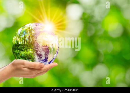 Save Earth. Woman holding ball halved on planet and forest outdoors, closeup Stock Photo