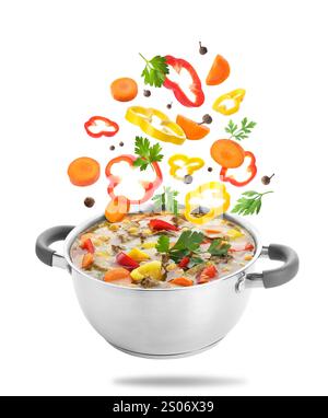 Vegetables for soup and pot in air on white background Stock Photo