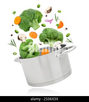 Vegetables for soup and pot in air on white background Stock Photo