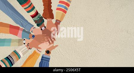 Group stack of hands in circle of colleagues. Concept of agreement or unity Stock Vector