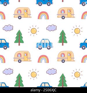 Cute Camper Van Seamless Pattern, Childish background Stock Vector