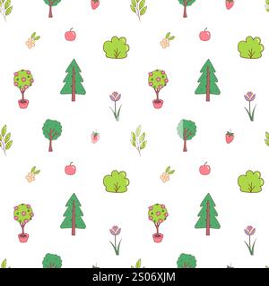 Spring seamless pattern with fruits, flowers and trees Stock Vector