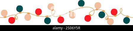 Christmas lights garland circle colored bulbs. Glowing Xmas festive tangled string decoration with hanging retro lamps lightbulb for holiday cards, ba Stock Vector