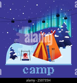 Stunning illustration of campsite with glowing tent, ski gear, and campfire beneath the Northern Lights, ideal for winter adventure themes. Stock Vector