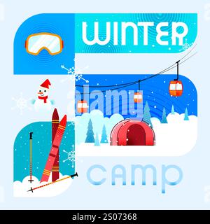 Winter camp illustration with snow-covered tent, snowman, campfire, and ski equipment, ideal for seasonal adventures Stock Vector