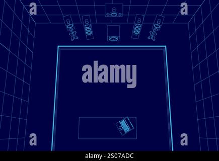 Blue room with a desk and a laptop on it. The room appears to be empty, with no furniture or people visible. The laptop is placed on the desk, and it Stock Vector