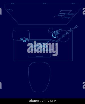 desk with a laptop. The person appears to be working or studying Stock Vector