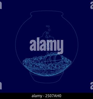 Blue fish tank with a fish inside. The fish is swimming in the water and there are some rocks in the tank Stock Vector