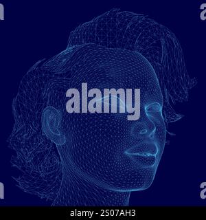 Woman's face is shown in a blue color. The face is made up of many lines and dots, giving it a 3D appearance. Concept of depth and complexity Stock Vector