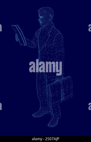 Man is standing in front of a blue background, holding a book in his hand. Concept of focus and concentration, as the man is reading the book intently Stock Vector